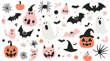 Cute Halloween Pumpkin  Bat  Ghost   Spider Clipart Illustration