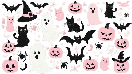 Cute Pink and Black Halloween Clipart with Cats  Bats  Pumpkins and Ghosts