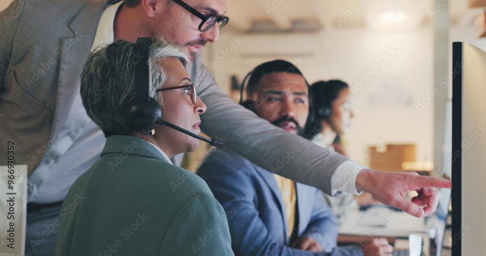 Poster customer support, call center and business people with manager on computer for help, discussion and 
