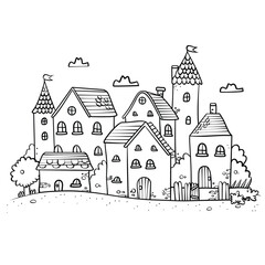 Fototapeta premium Cartoon of a small town coloring page for kids, Village Scene Coloring Pages Charming Illustrations of Rustic Life and Countryside