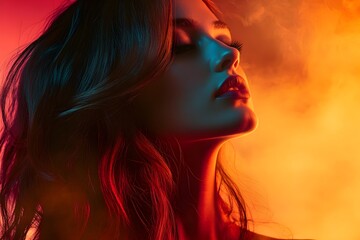 powerful woman against a fiery gradient, gazing steely and strong - Passion's Resilience