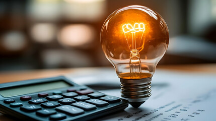 A glowing light bulb beside a calculator on a document, symbolizing ideas and calculations.