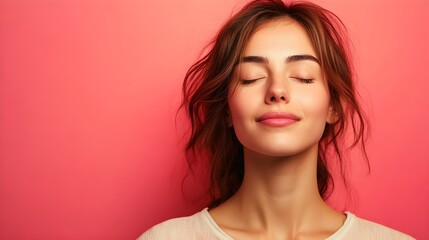 Relaxed Woman with Closed Eyes against a solid color background - Mindfulness and Calm