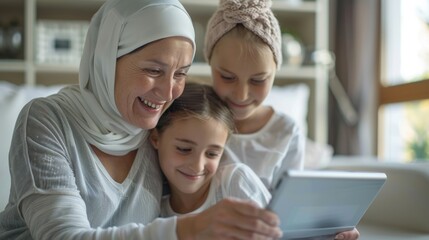 Obraz premium Group of young and old women in white headscarves after chemotherapy relaxing with tablets
