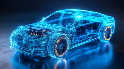Naklejka premium A glowing, transparent car model showcasing its internal components and technology.