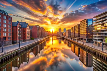 Fototapeta premium Spectacular sunset over Hamburg Hafencity skyline