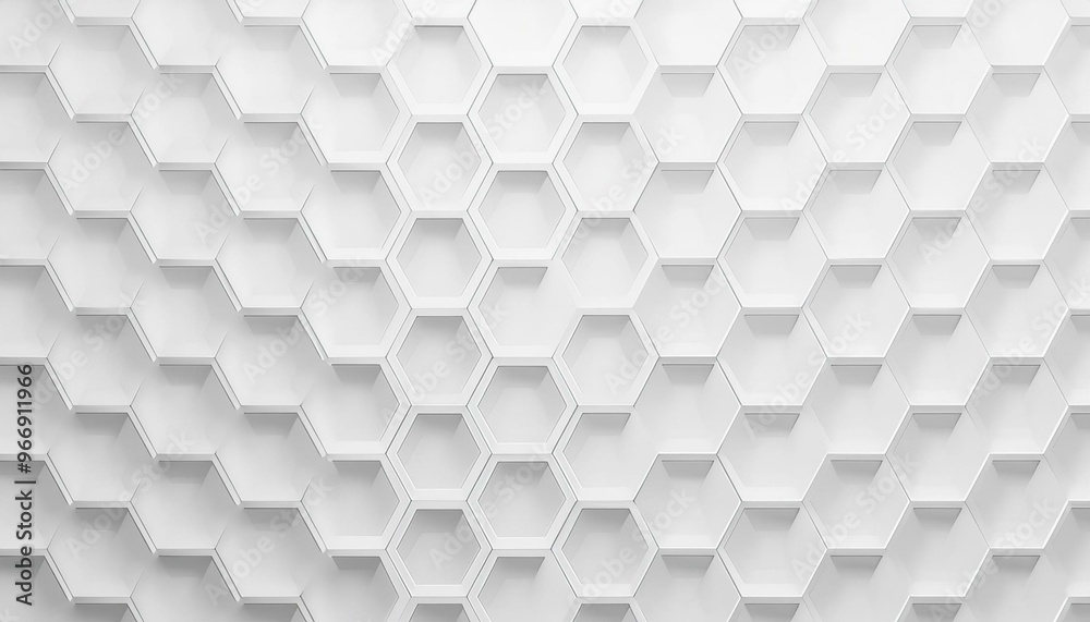 Poster White cube hexagon honeycomb background, some open with frame, flat lay top view from above with copy space.Abstract modern hexagon background. White and red honey pattern geometric texture.
