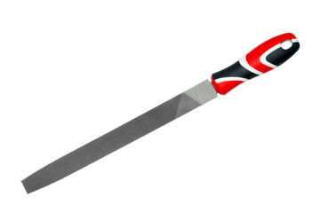 Modern metal locksmith file on a white background. A new work tool with a plastic handle.