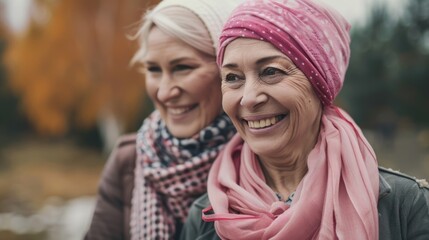 Fototapeta premium Photograph of a group of senior women wearing headscarves and pink ribbons. due to illness