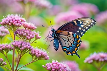 Fototapeta premium Spicebush Swallowtail Butterfly feeding on Pink Joe Pye Weed flowers using forced perspective