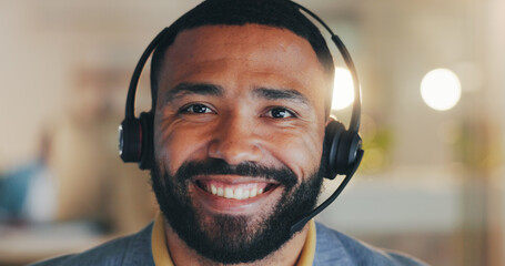 Happy man, portrait and call center with headphones for customer service, telemarketing or online...