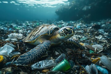 Obraz premium Sea Turtle Among Ocean Floor Covered in Plastic Waste