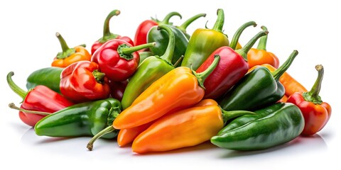 Spicy jalapeno and habanero peppers seen from a worm's eye view on white background