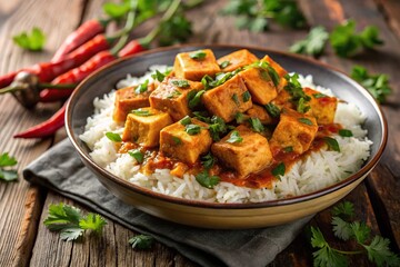 Spicy tofu curry dish with fresh herbs served on rice, low angle view