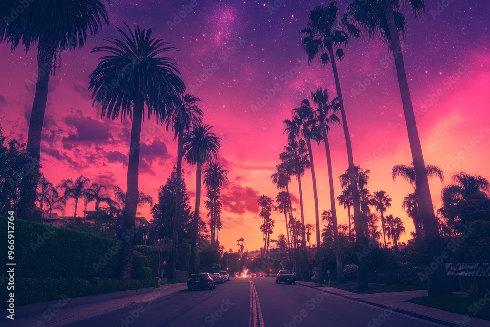 Wall mural this image features a view from the driverâ€™s perspective on a beverly hills road lined with tall p