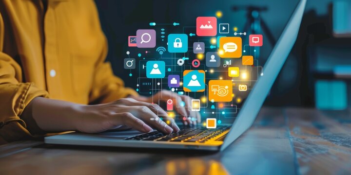 Creative Designer Working on Online Advertisement with Digital and Social Media Icons on Laptop Screen