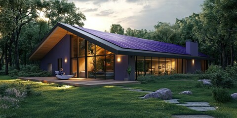 luxury grey and purple chalet house with modern solar panel and fresh green park 