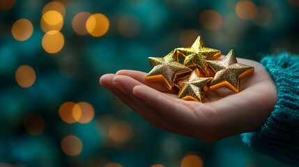A hand holding golden stars against a blurred, festive background.