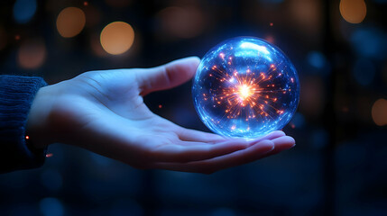 A hand holds a glowing orb with sparks, symbolizing energy and innovation.