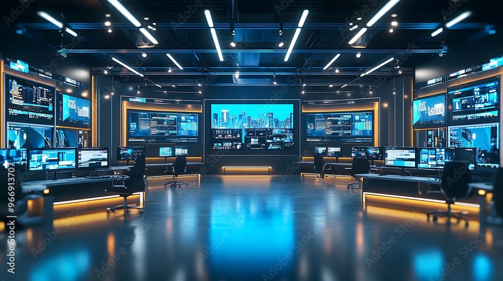 Poster Modern Control Room with Multiple Monitors and Blue Cityscape Display