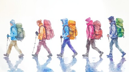 Fototapeta premium Watercolor Illustration of Hikers with Backpacks Walking