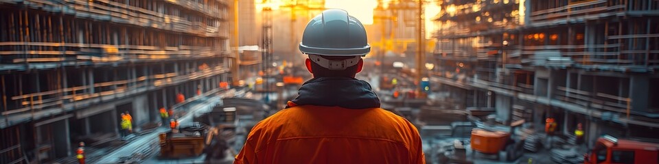 Civil engineer, in a white safety helmet, conducts a safety audit of the construction site, ensuring that all safety measures are being followed and addressing any potential hazards