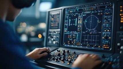 Fototapeta premium Immersive Flight Simulation: Close-Up of Virtual Reality and Pilot Controls