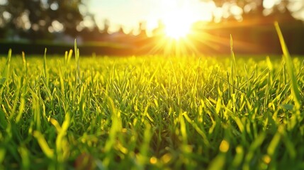 Green Grass Blades Sunlit Sunset Meadow Background