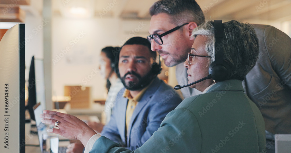 Poster people, group and call center with computer, reading and teamwork for tech support in modern office.