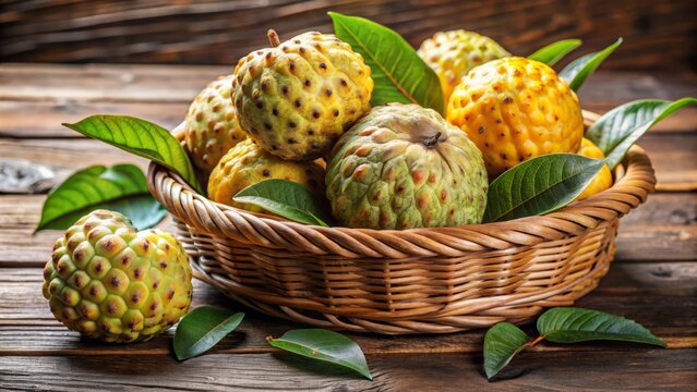 Fresh tiesa fruits spill from a woven basket onto a wooden table, their vibrant hues and velvety textures