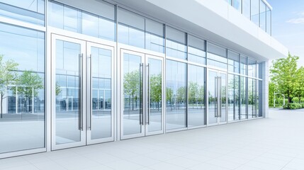 Modern Office Building Entrance with Glass Doors and Reflections of Trees