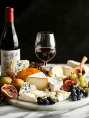Variety of cheeses and fruits plate with wine, on white marble table