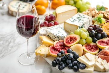 Variety of cheeses and fruits plate with wine, on white marble table