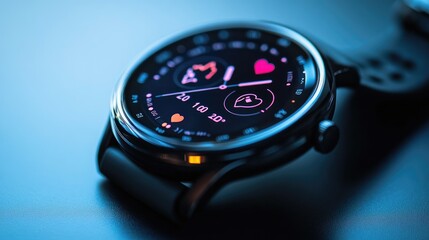 A close-up of an innovative smartwatch with multiple features, including heart rate monitor and voice control