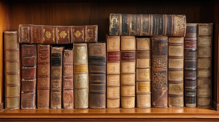 A collection of antique books with gilded spines, neatly arranged on a mahogany bookshelf in a study