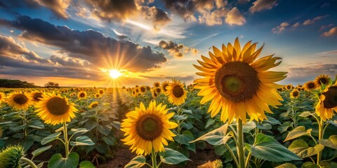 Obraz premium Golden sunbeams warm the sunflowers' petals as they twirl and bend, choreographing a whimsical waltz in harmony with