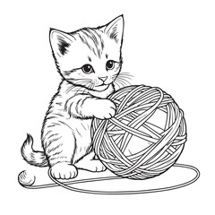 Kitten playing with a ball of yarn line art vector illustration