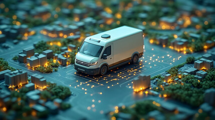A miniature scene featuring a delivery van surrounded by a cityscape at night.
