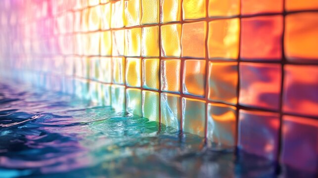 Colorful Glass Tile Wall Reflecting in Water - Powered by Adobe
