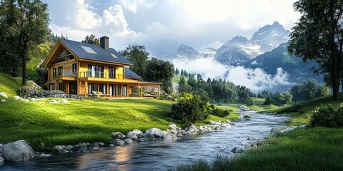 Fototapeta premium luxury traditional dark yellow wooden chalet house with clear river view and expanse of fresh green grass 