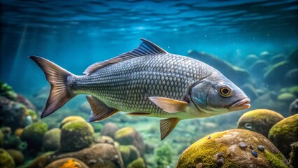 Fototapeta premium Grey fish glides effortlessly underwater, its shimmering scales catching the faint light, while its delicate fins