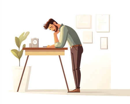 recommend clip art: Man standing at his desk in office, working, looking up.