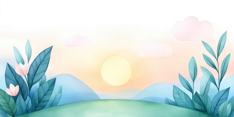 Abstract summer landscape watercolor background with blue sky and green field