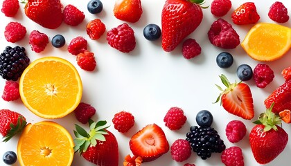 Vibrant mixed berry frame with oranges, strawberries, and raspberries on a white background for...