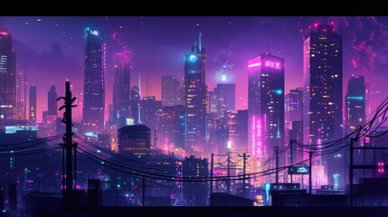 A futuristic cityscape illuminated by electricity, with neon lights, power lines, and high-rise buildings at night