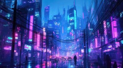 Fototapeta premium A futuristic cityscape illuminated by electricity, with neon lights, power lines, and high-rise buildings at night