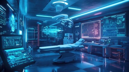 A futuristic hospital room with robotic surgery equipment and digital health monitoring screens