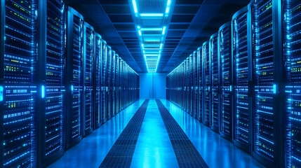 Fototapeta premium A modern data center filled with servers illuminated by blue LED lights.