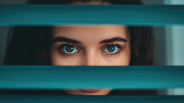 Peering Through Blinds A Tense Moment of Caution and Suspense   A person nervously peers through blinds uncertain of what may be lurking outside conveying a sense of paranoia fear and mystery