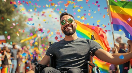 Happy Man in Wheelchair at Pride Parade with Rainbow Flag and Confetti